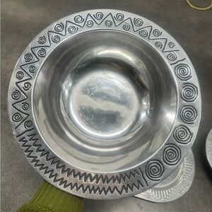 Arthur Court Aluminum Serving Bowl | Geometric Pattern Rim